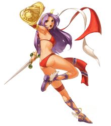 Rule 34 | 1girl, ass, athena (series), bikini, butt crack, female focus, full body, gladiator sandals, legs, long hair, neo geo battle coliseum, official art, ogura eisuke, princess athena, purple hair, sandals, shield, simple background, snk, solo, swimsuit, sword, the king of fighters, weapon, white background