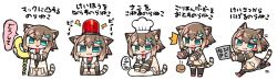 Rule 34 | 1girl, :3, ^^^, animal ear fluff, animal ears, black thighhighs, blush, breasts, brown hair, brown jacket, burger, cat ears, cat girl, cat tail, chef hat, closed mouth, commentary request, computer, cropped torso, fish hair ornament, food, fumino tamaki, green eyes, hair between eyes, hair ornament, hat, holding, holding phone, jacket, kanikama, laptop, lightning bolt symbol, long sleeves, meme, multiple views, nijisanji, parted lips, phone, red footwear, rotating light, running, shoes, simple background, small breasts, striped clothes, striped jacket, striped tail, sweat, tail, thighhighs, translation request, upper body, virtual youtuber, white background, white headwear