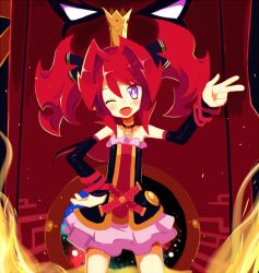 Rule 34 | 1girl, ;d, age difference, airana, bare shoulders, choker, crown, detached sleeves, disgaea, dress, father and daughter, fire, hair ribbon, happy, long hair, one eye closed, open mouth, petta, petta (phantom kingdom), phantom kingdom, purple eyes, red hair, ribbon, smile, twintails, v, wink, zetta (phantom kingdom)