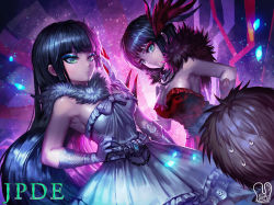 Rule 34 | 2girls, bare shoulders, black hair, breasts, cleavage, commentary, dress, english commentary, feathers, flower, gloves, green eyes, hair flower, hair ornament, large breasts, long hair, looking at viewer, medium breasts, melanie malachite, miltiades malachite, multiple girls, red dress, rwby, sa-dui, short hair, siblings, sisters, tagme, twins, weapon, white dress