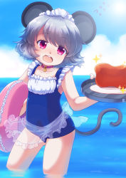 Rule 34 | 1girl, animal ears, apron, blush, boned meat, buck teeth, collar, food, gradient background, grey hair, innertube, iris anemone, maid, maid apron, maid headdress, maid one-piece swimsuit, meat, mouse ears, mouse tail, nazrin, nontraditional school swimsuit, one-piece swimsuit, open mouth, red eyes, school swimsuit, short hair, smile, solo, swim ring, swimsuit, tail, teeth, touhou, unconventional maid, water, wavy mouth