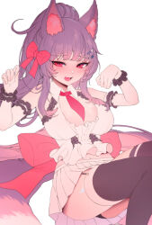 Rule 34 | 1girl, absurdres, animal ears, arm garter, black panties, black thighhighs, blush, breasts, cat ears, cat girl, cat tail, cleavage, embarrassed, frilled shirt, frills, garter straps, hair ornament, highres, large breasts, looking down, necktie, original, panties, ponytail, purple hair, red eyes, red necktie, red ribbon, ribbon, shirt, simple background, tail, thighhighs, underwear, white background, white shirt, zerocat