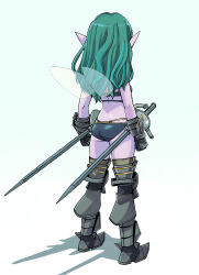 Rule 34 | 1girl, absurdres, aqua hair, armor, arms at sides, ass, bikini, black gloves, blue bikini, breasts, clenched hands, colored skin, dragon quest, dragon quest x, elf, elf (dq10), flat ass, full body, gauntlets, gloves, greaves, highres, legs apart, long hair, muramasa mikado, pointy ears, pointy footwear, purple skin, rapier, shadow, simple background, small breasts, solo, standing, swimsuit, sword, transparent wings, wavy hair, weapon, white background, wings