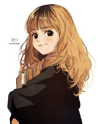 Rule 34 | 1girl, absurdres, black eyes, black jacket, blush, book, brown hair, closed mouth, commentary request, harry potter (series), hermione granger, highres, hogwarts school uniform, jacket, light brown hair, long hair, long sleeves, looking at viewer, looking to the side, hugging object, school uniform, signature, simple background, smile, sofra, solo, thick eyebrows, twitter username, white background, wizarding world