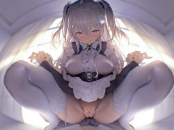 Rule 34 | 1boy, 1girl, absurdres, apron, backlighting, breasts, bulge, cleft of venus, clothes lift, corset, erection, erection under clothes, fisheye, flower, garter straps, hair between eyes, hair flower, hair ornament, hairclip, highres, indoors, kaede (sayappa), lace, lace-trimmed legwear, lace trim, lifted by self, long hair, medium breasts, non-web source, original, panties, pov, purple eyes, pussy, pussy juice, pussy peek, sidelocks, silver hair, skirt, skirt lift, solo focus, straddling, thighhighs, two side up, underwear, waist apron, white panties, white thighhighs, wrist cuffs