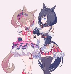 Rule 34 | 2girls, animal ears, apron, black hair, black legwear, blue eyes, blush, bow, breasts, brown hair, center frills, cleavage, clenched hands, closed eyes, commentary request, dress, eishin flash (umamusume), feet out of frame, frills, garter straps, hair bow, hand in another&#039;s hair, highres, horse ears, horse girl, horse tail, komasawa (fmn-ppp), medium breasts, multiple girls, open mouth, short twintails, skirt, smart falcon (umamusume), smile, suspender skirt, suspenders, tail, thighhighs, twintails, umamusume, waist apron, white dress