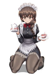 Rule 34 | 1girl, absurdres, alternate costume, apron, artist name, black dress, black pantyhose, black ribbon, bow, bowtie, braid, brown eyes, brown hair, closed mouth, cup, dress, enmaided, frilled apron, frills, full body, girls und panzer, hair over shoulder, hair ribbon, high heels, highres, holding, holding saucer, holding teapot, juliet sleeves, kneeling, lace, lace-trimmed dress, lace trim, long hair, long sleeves, looking at viewer, maid, maid headdress, pantyhose, puffy sleeves, red bow, red bowtie, ribbon, rukuriri (girls und panzer), saucer, shadow, short dress, signature, simple background, single braid, smile, solo, tea, teacup, teapot, waist apron, white background, ydg (eorbsaos1004)