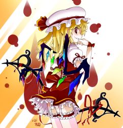 Rule 34 | 1girl, blonde hair, blouse, embodiment of scarlet devil, female focus, flandre scarlet, from side, hat, mob cap, ponytail, red eyes, shirt, short hair, side ponytail, solo, thighhighs, touhou, white hat, white shirt, white thighhighs, wings, yakuta tetsuya