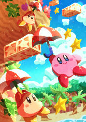 Rule 34 | absurdres, beach, blue sky, blush stickers, cloud, colored skin, commentary request, highres, holding, holding umbrella, kirby, kirby&#039;s return to dream land, kirby (series), looking at another, nintendo, no humans, palm tree, pink skin, sand, signature, sky, smile, solid oval eyes, star (symbol), tree, umbrella, waddle dee, watawata22
