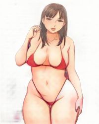 Rule 34 | 1girl, bikini, breasts, brown eyes, brown hair, curvy, large breasts, long hair, looking at viewer, matoyama, micro bikini, navel, plump, solo, swimsuit, thick thighs, white background, wide hips
