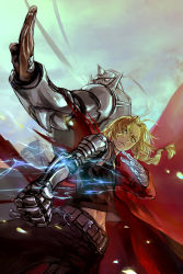 Rule 34 | 2boys, alphonse elric, armor, automail, back-to-back, belt, black pants, black shirt, blonde hair, blouse, braid, braided ponytail, brothers, cape, chain, clenched hand, closed mouth, commentary, dutch angle, edward elric, electricity, fighting stance, floating cape, full armor, fullmetal alchemist, long hair, male focus, mechanical arms, midriff, multiple boys, navel, pants, red cape, serious, shirt, siblings, signature, single mechanical arm, sky, standing, toned, toned male, torn cape, torn clothes, watermark, wind, yellow eyes, zzyzzyy