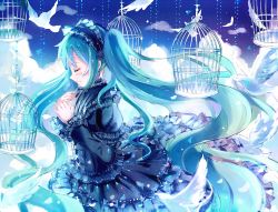 Rule 34 | 1girl, absurdly long hair, bad id, bad pixiv id, bird, black dress, blue hair, blush, dress, closed eyes, feathers, floating hair, from side, gothic lolita, hatsune miku, headdress, highres, iceblue, lolita fashion, long dress, long hair, long sleeves, smile, solo, twintails, very long hair, vocaloid, white feathers