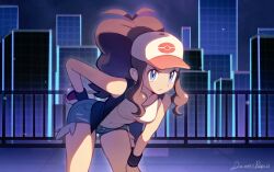 Rule 34 | 1girl, :/, = (9 yawbus), antenna hair, bare arms, bare shoulders, baseball cap, black vest, blue eyes, blush, boots, breasts, brown hair, city, covered navel, creatures (company), crop top, denim, denim shorts, feet out of frame, game freak, grin, hand on own knee, hat, head tilt, highres, hilda (pokemon), holding, holding poke ball, long hair, looking at viewer, medium breasts, midriff, nintendo, poke ball, pokemon, pokemon bw, ponytail, shirt, short shorts, shorts, sidelocks, simple background, sleeveless, sleeveless shirt, smile, solo, standing, thighs, very long hair, vest, white shirt, wide hips