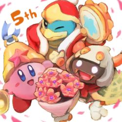 Rule 34 | 2boys, anniversary, bell, bell kirby, blue eyes, blush stickers, cape, commentary request, copy ability, disembodied limb, extra eyes, extra hands, fangs, flower, glowing, glowing eyes, horns, instrument, king dedede, kirby, kirby: triple deluxe, kirby (series), looking at viewer, multiple boys, nintendo, no arms, no humans, official art, one eye closed, petals, rayman limbs, red neckwear, robe, scarf, simple background, star (symbol), tambourine, taranza, white background, white eyes, white hair, yellow eyes