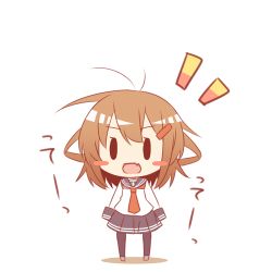 Rule 34 | 10s, 1girl, antenna hair, blush stickers, brown hair, chibi, fang, hair ornament, hairclip, ikazuchi (kancolle), kantai collection, kousa (black tea), lowres, open mouth, pantyhose, short hair, sleeves past wrists, solo