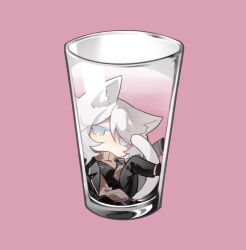 Rule 34 | 1girl, animal ears, black footwear, black pants, black vest, blue eyes, brown sweater, cat ears, cat tail, chibi, cup, faust (project moon), fructoseies, highres, in container, in cup, legs up, limbus company, looking at viewer, mini person, minigirl, pants, pink background, project moon, ribbed sweater, shoes, short hair, simple background, solo, sweater, tail, turtleneck, turtleneck sweater, vest, white hair