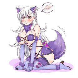 Rule 34 | 1girl, ahoge, all fours, animal ears, blush, braid, breasts, cosplay, elbow gloves, fate/grand order, fate (series), fur trim, gloves, halloween costume, large breasts, long hair, looking at viewer, mash kyrielight, mash kyrielight (dangerous beast), mash kyrielight (dangerous beast) (cosplay), midriff, navel, official alternate costume, olga marie animusphere, open mouth, shielder (fate/grand order) (cosplay), solo, speech bubble, spoken blush, tail, tail wagging, thighhighs, white hair, wolf ears, wolf tail, yakisobapan tarou &amp; negitoro-ko, yellow eyes