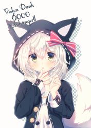 Rule 34 | 1girl, animal hood, bad id, bad twitter id, chestnut mouth, finger to mouth, fox tail, hood, hoodie, misaki yuu, open clothes, open hoodie, original, parted lips, pom pom (clothes), shirt, simple background, solo, tail, thick eyebrows, white background, white hair, yellow eyes