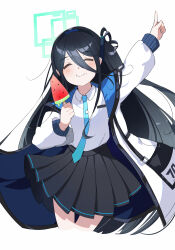 Rule 34 | 1girl, aqua halo, aris (blue archive), black hair, black skirt, blue archive, blue necktie, closed eyes, closed mouth, coat, collared shirt, commentary request, facing viewer, food, fruit, hair between eyes, halo, highres, holding, holding food, index finger raised, long hair, long sleeves, necktie, pleated skirt, ra mun5239, rectangular halo, shirt, simple background, skirt, smile, very long hair, watermelon, watermelon slice, white background, white coat, white shirt