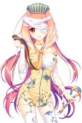 Rule 34 | 1girl, bandages, copyright request, costume, egyptian clothes, hat, highres, looking at viewer, nurse, nurse cap, official art, pink hair, pumpkin, red eyes, selena (soccer spirits), shirahane nao, smile, snake, soccer spirits, thighhighs, torn clothes, transparent background