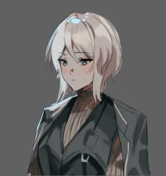 Rule 34 | 1girl, black coat, black vest, blush, brown sweater, closed mouth, coat, coat on shoulders, faust (project moon), grey background, limbus company, long sleeves, looking to the side, msx (mis4xi), project moon, short hair, simple background, solo, sweater, upper body, vest, white hair