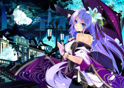 Rule 34 | 1girl, animal ears, bare shoulders, blue eyes, breasts, dog ears, facial mark, flower, from side, gloves, hair flower, hair ornament, japanese clothes, large breasts, light purple hair, lips, long hair, looking at viewer, moon, night, off shoulder, original, outdoors, shirokitsune, shoulder blades, smile, solo, tail, tassel, umbrella, very long hair, whisker markings, wide sleeves