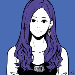 Rule 34 | 1girl, black eyes, blue background, earrings, expressionless, hair behind ear, highres, jewelry, long hair, miyoshi yoshimi, original, purple hair, signature, simple background, solo, upper body