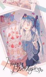Rule 34 | !, !!, 1girl, 39, :d, ^ ^, aqua flower, blue flower, blue hair, blue nails, blue necktie, blueberry, blurry, blush, box, cake, candle, candlelight, closed eyes, confetti, corner, dated, depth of field, dessert, detached sleeves, fingernails, flower, food, fruit, gift, gift box, grey shirt, happy, happy birthday, hatsune miku, headset, heart, highres, indoors, long hair, nail polish, necktie, open mouth, orange (fruit), orange flower, orange slice, photo (object), pink flower, purple flower, ribbon, shirt, skirt, sleeveless, sleeveless shirt, smile, solo, standing, stool, strawberry, table, twintails, upper body, very long hair, vocaloid