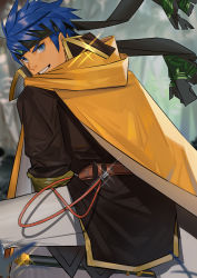Rule 34 | 1boy, alternate skin color, blue eyes, blue hair, dark-skinned male, dark skin, feet out of frame, fire emblem, from behind, headband, highres, ike (fire emblem), looking at viewer, male focus, nintendo, paid reward available, paid reward available, short hair, sideburns, solo, spread legs, toned, toned male, yaowu