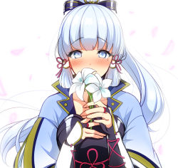 Rule 34 | 1girl, ayaka (genshin impact), blue eyes, blue hair, blunt bangs, blush, commentary request, flower, genshin impact, hair ribbon, holding, holding flower, japanese clothes, light blue hair, long hair, looking at viewer, menokonome, mole, mole under eye, petals, ribbon, simple background, solo, tress ribbon, upper body, very long hair, white flower