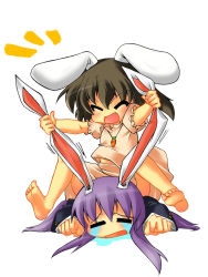 Rule 34 | 2girls, :d, ^ ^, animal ears, barefoot, beihan, carrot, carrot necklace, chibi, closed eyes, crying, grabbing another&#039;s ear, fang, feet, female focus, hand on another&#039;s ear, inaba tewi, jewelry, kokka han, long hair, multiple girls, necklace, open mouth, pendant, purple hair, rabbit ears, reisen udongein inaba, short hair, smile, streaming tears, tears, touhou