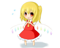 Rule 34 | 1girl, blonde hair, dress, fang, flandre scarlet, hair between eyes, kisa (k isa), open mouth, red dress, red eyes, short hair, short sleeves, side ponytail, simple background, solo, touhou, white background