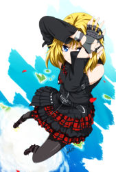 Rule 34 | &gt;:), 1girl, bare shoulders, belt, black gloves, black pantyhose, blonde hair, blue eyes, buckle, character request, cloud, detached sleeves, fingerless gloves, frilled skirt, frills, gloves, hair intakes, island, layered skirt, ocean, pantyhose, shoes, short hair, signature, skirt, smile, solo, suzume no kimochi, v-shaped eyebrows