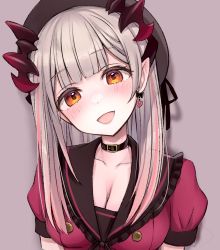 Rule 34 | 1girl, beret, black ribbon, blush, breasts, choker, cleavage, colored hair, demon girl, earrings, hat, hat ribbon, highres, honey strap, jewelry, lips, looking at viewer, mult, nanashi inc., ntykii, open mouth, pointy ears, red eyes, ribbon, shirt, simple background, skirt, smile, suou patra, virtual youtuber