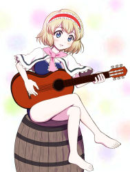 Rule 34 | 1girl, absurdres, acoustic guitar, adapted costume, alice margatroid, barefoot, barrel, blonde hair, blue eyes, blush, capelet, dress, greatestwashi, guitar, hairband, highres, instrument, crossed legs, short hair, sitting, solo, touhou