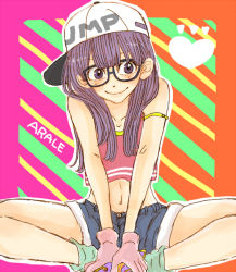 Rule 34 | 1girl, aged up, alternate costume, alternate hairstyle, android, backwards hat, boots, character name, colored skin, dr. slump, glasses, gloves, green footwear, happy, hat, head tilt, heart, kabochawain, long hair, looking at viewer, midriff, norimaki arale, pink gloves, pink shirt, purple eyes, purple hair, shirt, short shorts, shorts, sitting, smile, solo, strap slip, tareme, white skin