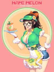 Rule 34 | 1girl, absurdres, alternate hairstyle, apron, bow, breasts, brown eyes, brown hair, buttons, cherry, cleavage, collared shirt, cowboy shot, cup, denim, denim shorts, drinking straw, english text, food, frilled apron, frilled shirt, frills, fruit, glasses, gloves, green shirt, hair bow, hand on own hip, highres, holding, holding saucer, honeydew mei, large breasts, leaning forward, medium hair, mei (overwatch), melon, no bra, official alternate costume, one eye closed, open mouth, orange background, orange bow, overwatch, overwatch 1, partially unbuttoned, pink background, pink lips, ponytail, print apron, qi kou, round eyewear, saucer, shirt, short sleeves, shorts, simple background, smile, solo, teeth, thighs, upper teeth only, visor cap, white gloves