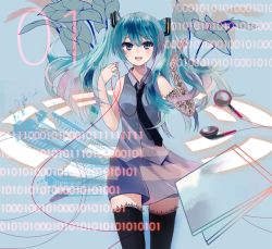 Rule 34 | 1girl, aqua eyes, aqua hair, asakaya, bad id, bad pixiv id, binary, earbuds, earphones, fishnet gloves, fishnets, gloves, hatsune miku, lace, lace-trimmed legwear, lace gloves, lace trim, long hair, necktie, open mouth, single glove, skirt, solo, thighhighs, twintails, vocaloid
