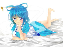 Rule 34 | 1girl, barefoot, blue eyes, blue hair, breasts, cleavage, elbow rest, grin, hair ornament, hair stick, head rest, kaku seiga, lying, matching hair/eyes, naughty face, on stomach, shawl, smile, solo, the pose, touhou, tsukikusa