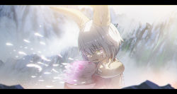 Rule 34 | 1other, absurdres, androgynous, animal ears, commentary request, creature, crying, crying with eyes open, day, death, dying, edgar syu, furry, highres, letterboxed, long hair, looking at another, made in abyss, mitty (made in abyss), nanachi (made in abyss), open mouth, outdoors, spoilers, tears, wavy mouth, whiskers, white hair, yellow eyes