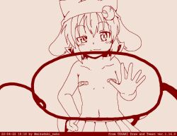 1girl bandaid bandaids_on_nipples commentary_request crescent crescent_hair_ornament dated flat_chest glasses hair_ornament half-closed_eyes hand_on_own_hip hat mikazuki_neko mikazuki_neko_(character) monochrome navel original pasties pleated_skirt pov skirt smile solo_focus tegaki_draw_and_tweet twitter_username x-ray_glasses x-ray_vision