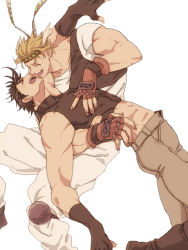 Rule 34 | 2boys, bad id, bad pixiv id, black hair, blonde hair, boots, caesar anthonio zeppeli, closed eyes, couple, denim, facial mark, feather hair ornament, feathers, fingerless gloves, gloves, hair ornament, headband, jeans, jojo no kimyou na bouken, joseph joestar, joseph joestar (young), knee boots, knee pads, male focus, midriff, multiple boys, muscular, open fly, open mouth, pants, shirt, simple background, sleeveless, sleeveless turtleneck, tegaki, turtleneck, unzipped, usagi (1988), white background, white shirt, yaoi