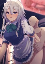 Rule 34 | 1boy, 1girl, apron, blue eyes, blush, bow, braid, breasts, darumoon, dress, frilled dress, frills, green bow, highres, indoors, izayoi sakuya, large breasts, looking at viewer, maid, maid apron, maid headdress, motion blur, open mouth, sex, short hair, silver hair, thighs, touhou, twin braids, waist apron
