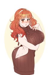 Rule 34 | 1girl, absurdres, aran sweater, ass, blush, breasts, brown eyes, butt crack, cable knit, celica (fire emblem), cryptid crab, earrings, fire emblem, fire emblem echoes: shadows of valentia, headband, highres, jewelry, large breasts, looking at viewer, meme attire, nintendo, orange hair, parted lips, solo, sweater, virgin killer sweater