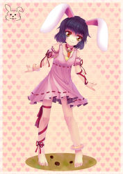 Rule 34 | 1girl, absurdres, adapted costume, animal ears, barefoot, bell, neck bell, black hair, blush, bracelet, rabbit ears, carrot, collar, collarbone, detached sleeves, female focus, food, grass, highres, inaba tewi, jewelry, leg ribbon, puffy sleeves, ribbon, short hair, smile, solo, sonikey0 0, touhou, vegetable, yellow eyes