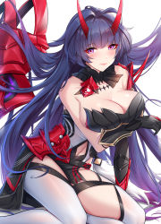 Rule 34 | 1girl, absurdres, bare shoulders, black gloves, blush, breasts, cleavage, closed mouth, clothing cutout, commentary request, dress, eyeliner, gloves, highres, honkai (series), honkai impact 3rd, horns, large breasts, long hair, looking at viewer, makeup, navel, navel cutout, purple eyes, purple hair, raiden mei, raiden mei (herrscher of thunder), revision, simple background, sitting, solo, thighhighs, very long hair, white background, white thighhighs, wu ganlan cai