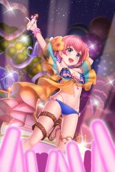 Rule 34 | 1girl, :d, absurdres, bikini, blue bikini, cementite, flip-flops, flower, glint, hair flower, hair ornament, highres, holding, holding microphone, microphone, navel, night, open mouth, orange flower, outdoors, pink hair, princess connect!, purple eyes, sandals, smile, solo, stage, swimsuit, thigh strap, tsumugi (princess connect!), tsumugi (summer) (princess connect!)