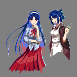 Rule 34 | 2girls, apron, axia-chan, blue eyes, blue hair, blue ribbon, breasts, ciel (tsukihime), cleavage, cosplay, cropped legs, dress shirt, grey background, hair ribbon, head rest, japanese clothes, kimono, kohaku (cosplay), kohaku (tsukihime), large breasts, long hair, looking at viewer, maid apron, medium breasts, multicolored hair, multiple girls, partially unbuttoned, pink hair, red eyes, red skirt, ribbon, shirt, skirt, sleeves rolled up, smile, smirk, syringe, tohno akiha, toono akiha (cosplay), tsukihime, type-moon, wide sleeves
