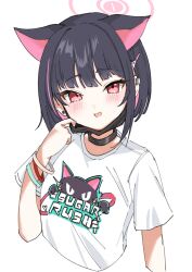 Rule 34 | 1girl, absurdres, animal ears, black collar, black hair, blue archive, blush, cat ears, clothes writing, collar, cropped torso, earclip, extra ears, hair ornament, hairclip, halo, hand up, highres, kaito (kaito921125), kazusa (band) (blue archive), kazusa (blue archive), looking at viewer, mask, mask pull, mouth mask, multicolored hair, official alternate costume, open mouth, pink eyes, pink hair, pink halo, shirt, short hair, short sleeves, simple background, solo, surgical mask, white background, white shirt, wristband