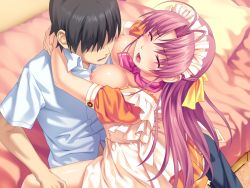 Rule 34 | 10s, 1boy, 1girl, aoi matsuri, bed, blush, breasts, clothed sex, closed eyes, game cg, hetero, highres, hug, koutaro, long hair, maid, nipples, open mouth, pink hair, sex, straddling, tropical kiss, upright straddle, waitress
